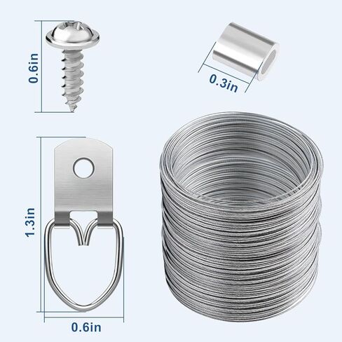 181 Pcs Zruosiniy Premium Picture Hanging Kit, 100FT Braided Hanging Wire, 60 D Ring Hangers with Screws, 60 Aluminum Crimping Sleeves, Heavy Duty for Frames, Mirrors, Canvas, Artwork & Home Decor in Kuwait