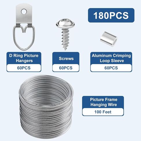 181 Pcs Zruosiniy Premium Picture Hanging Kit, 100FT Braided Hanging Wire, 60 D Ring Hangers with Screws, 60 Aluminum Crimping Sleeves, Heavy Duty for Frames, Mirrors, Canvas, Artwork & Home Decor in Kuwait