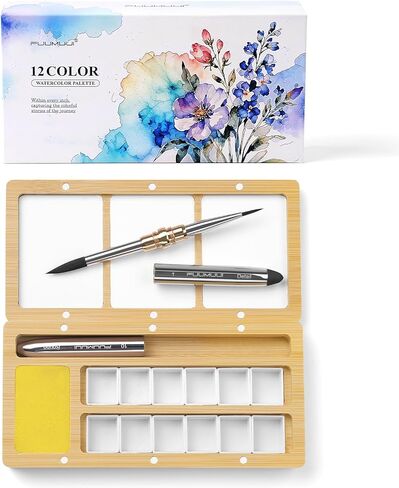 Fuumuui Watercolor Palette Box, Burlywood Palette Kit with Cover, 24 Empty Removable Half-pan Grids, Dual Tip Travel Brushes, for Watercolor Gouache Color Mixing, Pure White Palette for Painting in Kuwait
