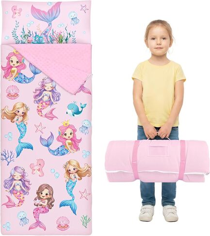 Toddler Nap Mat Sleeping Bag with Removable Pillow, 59" x 24" Kids Roll Up Portable Slumber Mat for Daycare, Kindergarten, Camping – Lightweight, Soft & Easy to Clean for Girls and Boys in Saudi Arabia