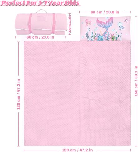 Toddler Nap Mat Sleeping Bag with Removable Pillow, 59" x 24" Kids Roll Up Portable Slumber Mat for Daycare, Kindergarten, Camping – Lightweight, Soft & Easy to Clean for Girls and Boys in Saudi Arabia