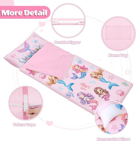 Toddler Nap Mat Sleeping Bag with Removable Pillow, 59" x 24" Kids Roll Up Portable Slumber Mat for Daycare, Kindergarten, Camping – Lightweight, Soft & Easy to Clean for Girls and Boys in Saudi Arabia