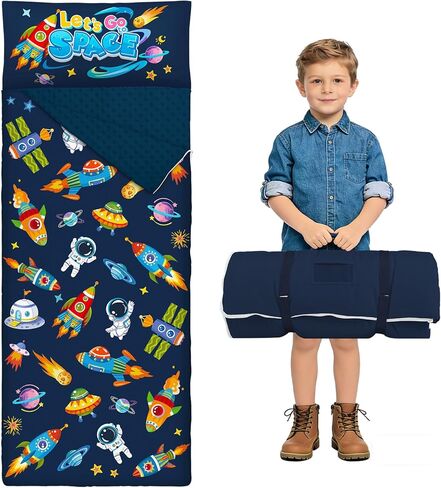 Toddler Nap Mat Sleeping Bag with Removable Pillow, 59" x 24" Kids Roll Up Portable Slumber Mat for Daycare, Kindergarten, Camping – Lightweight, Soft & Easy to Clean for Girls and Boys in Kuwait