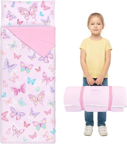 Toddler Nap Mat Sleeping Bag with Removable Pillow, 59" x 24" Kids Roll Up Portable Slumber Mat for Daycare, Kindergarten, Camping – Lightweight, Soft & Easy to Clean for Girls and Boys in Saudi Arabia