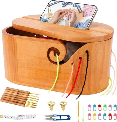 Large Wood Yarn Bowl with Lid, Crochet Yarn Holder with 7pcs Knitting Hooks, No-Tangle Design, Yarn Storage Crochet Bowl Knitting at Home, Café, Park, Craft Gatherings Rectangle in Kuwait
