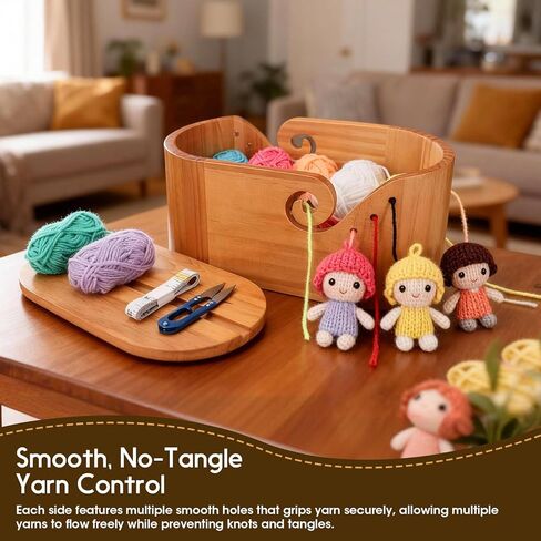 Large Wood Yarn Bowl with Lid, Crochet Yarn Holder with 7pcs Knitting Hooks, No-Tangle Design, Yarn Storage Crochet Bowl Knitting at Home, Café, Park, Craft Gatherings Rectangle in Kuwait