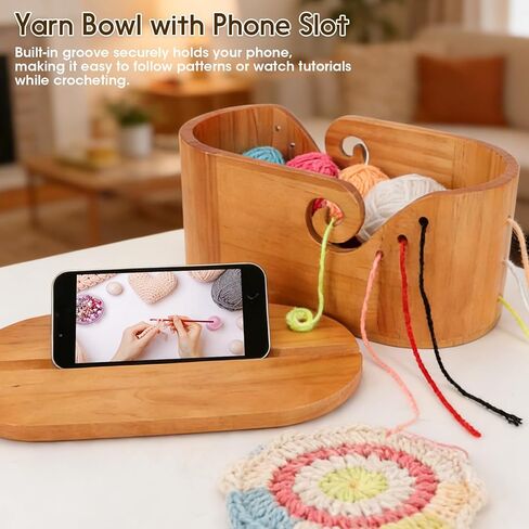 Large Wood Yarn Bowl with Lid, Crochet Yarn Holder with 7pcs Knitting Hooks, No-Tangle Design, Yarn Storage Crochet Bowl Knitting at Home, Café, Park, Craft Gatherings Rectangle in Kuwait
