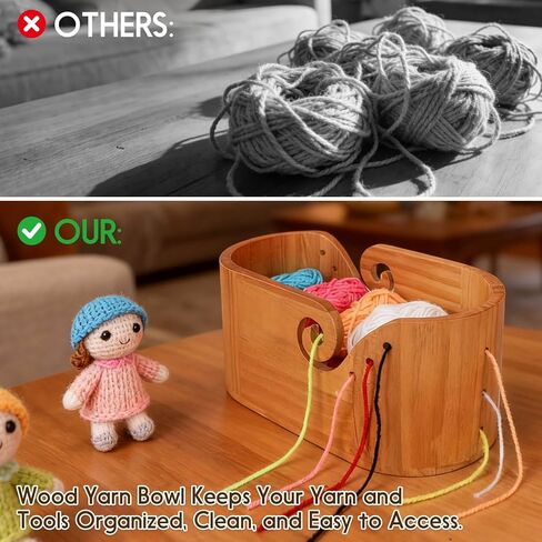 Large Wood Yarn Bowl with Lid, Crochet Yarn Holder with 7pcs Knitting Hooks, No-Tangle Design, Yarn Storage Crochet Bowl Knitting at Home, Café, Park, Craft Gatherings Rectangle in Kuwait
