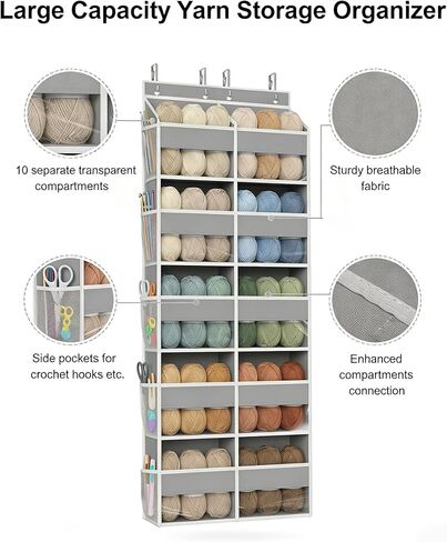 Hanging Yarn Storage Organizer, 5 Tiers Large Capacity Yarn Organizer with 10 Compartments and 10 Side Pockets for Crochet Hook, Over Door Organizer for Knitting Needles, Transparent Yarn Holder, Grey in Kuwait