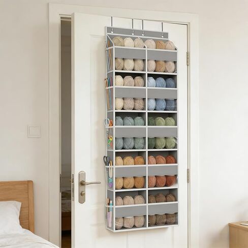 Hanging Yarn Storage Organizer, 5 Tiers Large Capacity Yarn Organizer with 10 Compartments and 10 Side Pockets for Crochet Hook, Over Door Organizer for Knitting Needles, Transparent Yarn Holder, Grey in Kuwait