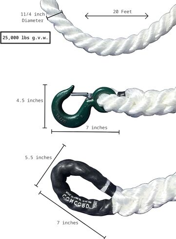 حبل السحب الغربي TR-30 مع خطاف واحد (من شركة Tow Rope) | سمك 1 1/4 بوصة | قوة الشد 25000 رطل | طول القطع 20 قدم | قسط الانتعاش الحركي البولي بروبلين in Kuwait