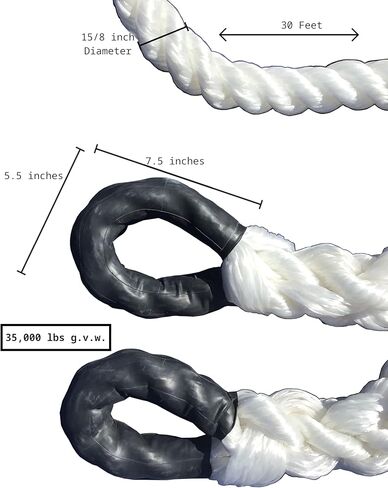 Western Tow Rope TR-45 (by The Tow Rope Company) | 1 5/8 Inch Thickness | 35,000 lbs Tensile Strength | Cut Length 30 Foot | Premium Polypropylene Kinetic Recovery in Kuwait