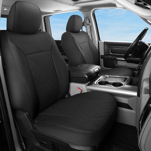أغطية مقاعد الشاحنة الأمامية GIANT PANDA لسيارة Dodge Ram 1500 2500 3500 2003-2026 Limited Laramie Big Horn Crew Cab & Quad Cab، جلد صناعي أسود (النمط الكلاسيكي) in Kuwait