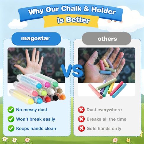 Sidewalk Chalk for Kids, 12 Colors Washable Dustless Chalk with Holders, Round Tip Non-Toxic Colored Chalk for Chalkboard, Blackboard, Easel, Outdoor Art Play Gifts for Toddlers in Kuwait