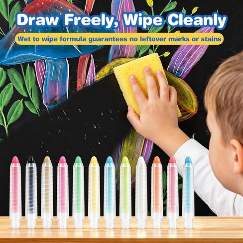 Sidewalk Chalk for Kids, 12 Colors Washable Dustless Chalk with Holders, Round Tip Non-Toxic Colored Chalk for Chalkboard, Blackboard, Easel, Outdoor Art Play Gifts for Toddlers in Kuwait