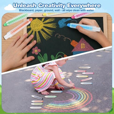 Sidewalk Chalk for Kids, 12 Colors Washable Dustless Chalk with Holders, Round Tip Non-Toxic Colored Chalk for Chalkboard, Blackboard, Easel, Outdoor Art Play Gifts for Toddlers in Kuwait