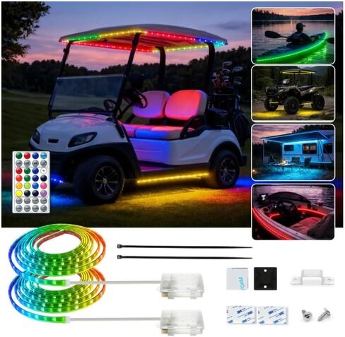 تعمل بالبطارية RGB + IC Dream Color Chasing Golf Cart Canopy Lights Roof مع جهاز تحكم عن بعد، 2 حزمة 4FT IP68 مقاومة للماء لعربة الجولف القابلة للتوجيه تحت شريط الضوء لسيارة EZGO Yamaha Club، قارب، سهل التركيب in Kuwait