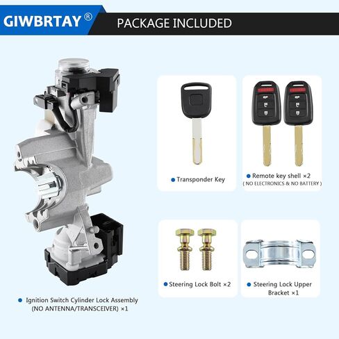 Ignition Lock Cylinder Assembly (NO TRANSCEIVER) with Two Keys Shells (NO Electronics, ONLY Key Shells) and One Transponder Chip Key Compatible with Honda HRV HR-V 2016 2017 2018 2019 2020 2021 2022 in Kuwait