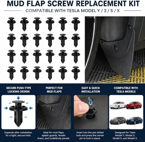 20psc Screw and Clip Replacement Kit for Tesla Model Y & Model 3 Mud Flaps, Model Y Liner, Model 3 Model X,Underbody Shield – Push-Type Retainers for Secure, Rattle-Free Fit in Kuwait