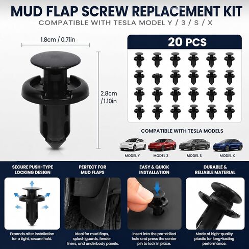 20psc Screw and Clip Replacement Kit for Tesla Model Y & Model 3 Mud Flaps, Model Y Liner, Model 3 Model X,Underbody Shield – Push-Type Retainers for Secure, Rattle-Free Fit in Kuwait