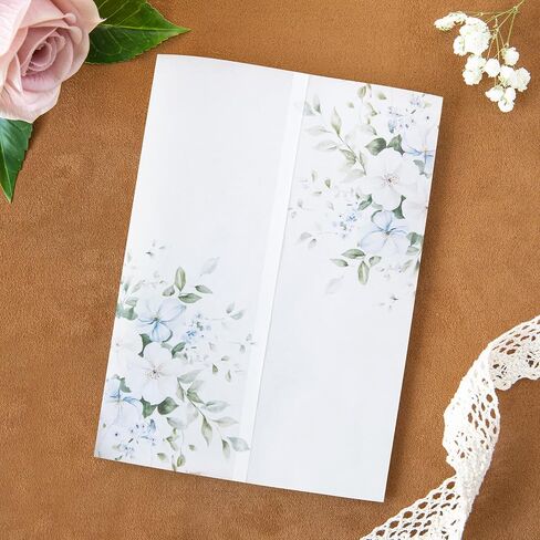 ponatia 50PCS Floral Vellum Jackets for 5x7 Cards, 135gsm Clear Vellum Paper Envelopes for Wedding/Bridal Shower/Birthday Quinceanera Invitations (Lilac) in Kuwait