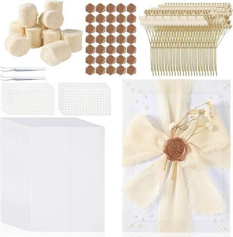 Wedding Invitation Wrap Kit, Pre-Folded Vellum Jackets for 5x7 Invitations with Wax Seal Stickers, Chiffon Ribbon, Dried Flowers & Pearl Stickers, DIY Invitation Accessories (Set of 100) in Kuwait