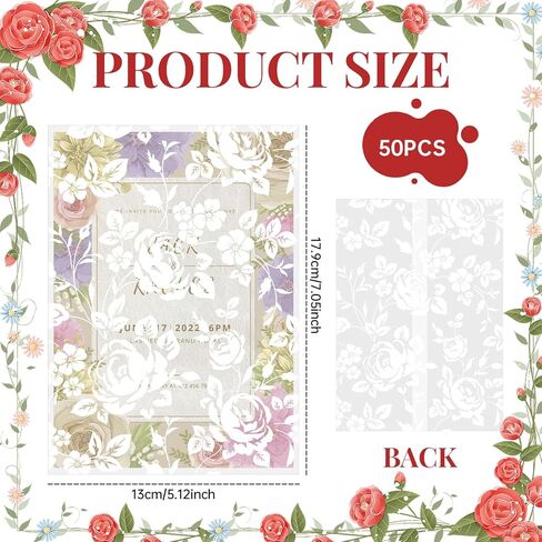 50PCS Vellum Jackets for 5x7 Invitations, Wedding Invitation Sleeves, Pre Folded Wedding Invitation Vellum Paper Wraps for Bridal Shower Birthday (Rose Pattern) in Kuwait