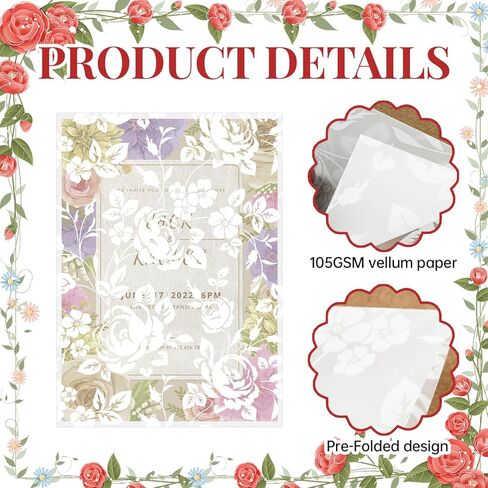 50PCS Vellum Jackets for 5x7 Invitations, Wedding Invitation Sleeves, Pre Folded Wedding Invitation Vellum Paper Wraps for Bridal Shower Birthday (Rose Pattern) in Kuwait