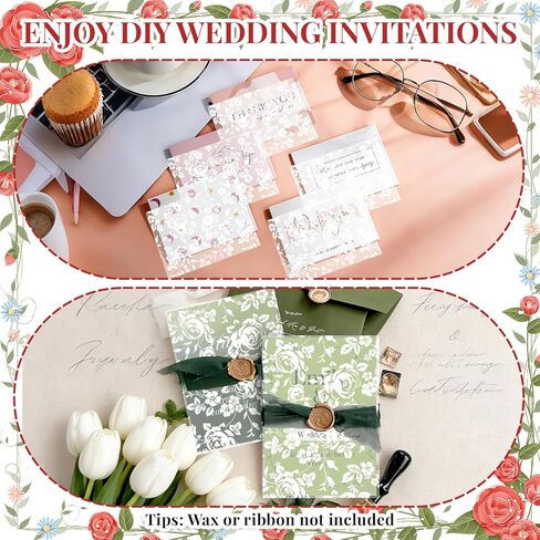 50PCS Vellum Jackets for 5x7 Invitations, Wedding Invitation Sleeves, Pre Folded Wedding Invitation Vellum Paper Wraps for Bridal Shower Birthday (Rose Pattern) in Kuwait