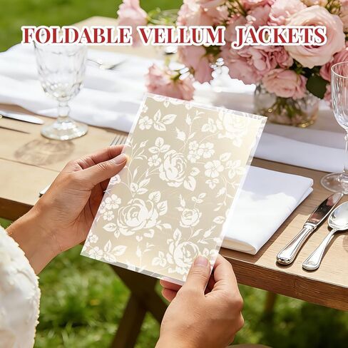 50PCS Vellum Jackets for 5x7 Invitations, Wedding Invitation Sleeves, Pre Folded Wedding Invitation Vellum Paper Wraps for Bridal Shower Birthday (Rose Pattern) in Kuwait
