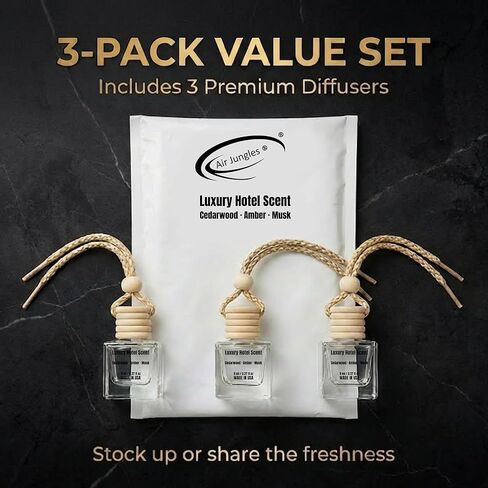 Air Jungles Hanging Car Air Freshener Diffuser 3 Count, Luxury Hotel Scent with Cedarwood Amber and Musk Notes, Natural Essential Oil, Long Lasting Odor Eliminator, Made In USA in Kuwait