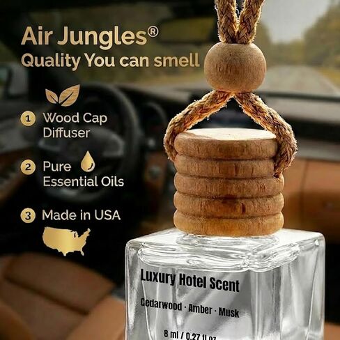 Air Jungles Hanging Car Air Freshener Diffuser 3 Count, Luxury Hotel Scent with Cedarwood Amber and Musk Notes, Natural Essential Oil, Long Lasting Odor Eliminator, Made In USA in Kuwait