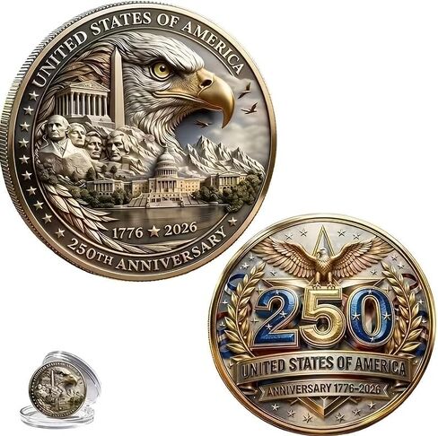 250th Anniversary Commemorative Coin – 1776-2026 Bald Eagle Design, Double-Sided Historical Novelty Coin, Collectible Gift for Patriotic Celebrations in Kuwait