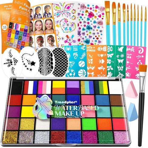 Face Painting Kit for Kids - 40 Color Pro Facepaint Palette Non-Toxic Water Activated, Complete Kit with Brush, Stencil, Sponge, for Birthday Parties, Carnival, Costume Makeup, Festivals & Events in Kuwait