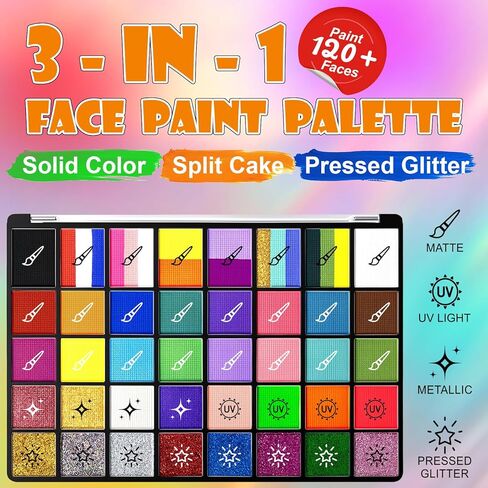Face Painting Kit for Kids - 40 Color Pro Facepaint Palette Non-Toxic Water Activated, Complete Kit with Brush, Stencil, Sponge, for Birthday Parties, Carnival, Costume Makeup, Festivals & Events in Kuwait
