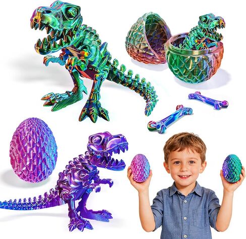2 Packs 3D Printed Dinosaur Toys for 3-5 5-7 Years Boys, Jurassic T-rex Skeleton Action Figures with Large Storage Dino Eggs, Birthday Gifts Fidget Toys for 3 4 5 6 7 8 9 10 11 12 Years Old Boys Girls in Kuwait
