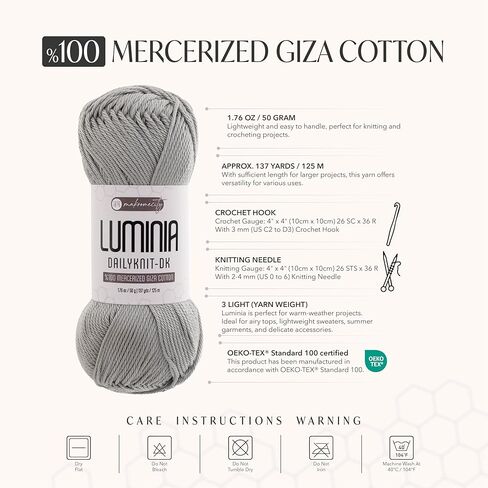 Makromecity Luminia Mercerized Giza Cotton Yarn, Lightweight #3 DK Yarn for Knitting & Crochet, 50g/137yd, Soft Silky Shine Perfect for Summer Garments, Tops & Baby Projects (Light Grey, 3 Skeins) in Saudi Arabia