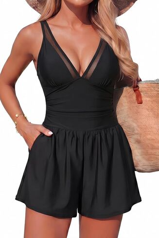 Smismivo Mesh Swim Romper for Women Tummy Control One Piece Swimsuit with Shorts and Pockets Slimming V Neck Bathing Suit in Saudi Arabia