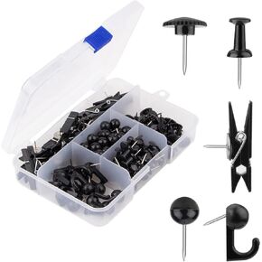 Push Pins Set, 5 Styles Thumb Tacks Map Pins, Steel Point Pushpins Thumbtacks for Cork Board Bulletin Boards (Black-140pcs) in Kuwait