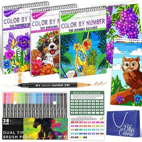 ADEVIAN 3-in-1 Color by Numbers Adult Coloring Books with 36 Colors Markers – Spiral Bound & Single-Sided, Easy Number Matching & Tear-Out for Framing, Stress Relief & Creativity for Beginners in Kuwait