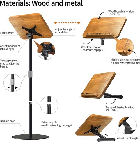 NAMON 2-in-1 Dual-use Floor & Desktop Book Stand, 100% Solid Wood, Height Adjustable from 16.5" to 51", Floor Reading Stand with Page Clip for Cookbooks, Sheet Music, Projector (with a T-Shaped) in Kuwait