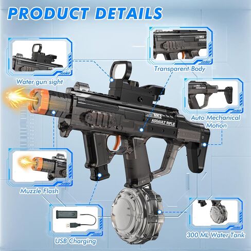 Electric Water Gun for Adults Kids, Automatic Squirt Gun with 33FT Range, Watergun with Flashing Muzzle, Summer Outdoor Water Pistol Pool Beach Party Toys for Boys Girls (Black) in Kuwait