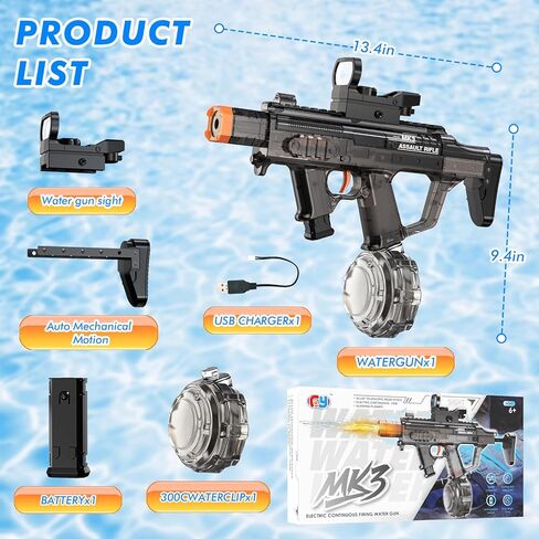 Electric Water Gun for Adults Kids, Automatic Squirt Gun with 33FT Range, Watergun with Flashing Muzzle, Summer Outdoor Water Pistol Pool Beach Party Toys for Boys Girls (Black) in Kuwait