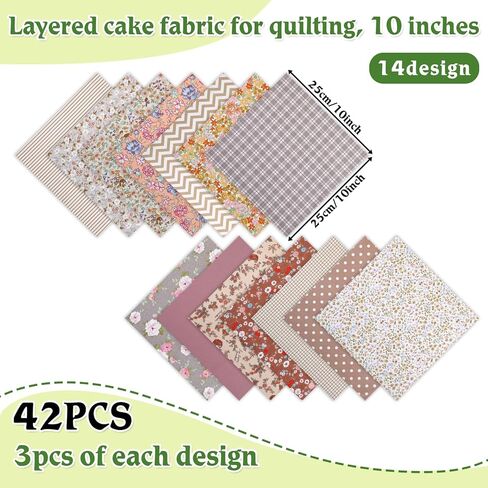 42Pcs Layer Cakes 10 inch Squares for Quilting, Vintage Brown Print Cotton Fabric Squares, Pre-Cut 14 Colors Layer Cake Fabric Quilting Supplies Fabrics Quilt Square Bundles for Sewing Patchwork in Kuwait
