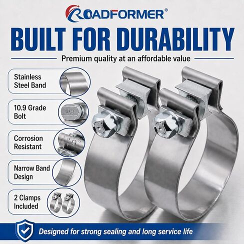 ROADFORMER 3.5 Inch Exhaust Clamp Narrow Band, Stainless Steel Muffler Band Clamp for 3.5" OD-ID Slip Fit Exhaust Pipe, Muffler, Catalytic Converter & Exhaust System Repair, 2 Pack in Kuwait