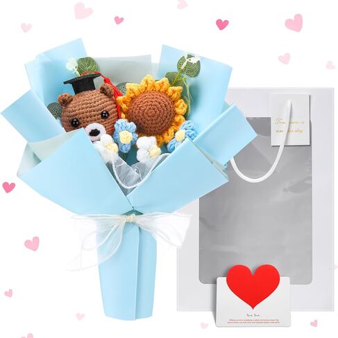 Graduation Bear Flower Bouquet Set includes Graduation Plush Bear Knitted Sunflower Daisy Bouquet Eucalyptus Greeting Card Gift Bag 2024 Graduation crochet Bouquet Gift(Black) in Saudi Arabia