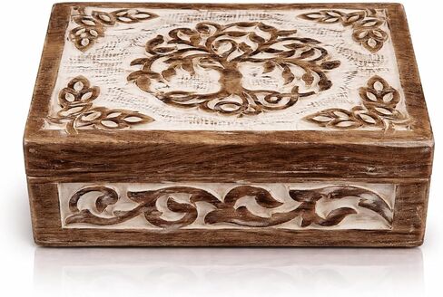 Great Birthday Gift Handmade Decorative Wooden Jewelry Box Tree Of Life Carving Jewelry Organizer Keepsake Box Treasure Chest Trinket Holder Watch Box Storage Lock Box Housewarming Gift (Brown) in Kuwait