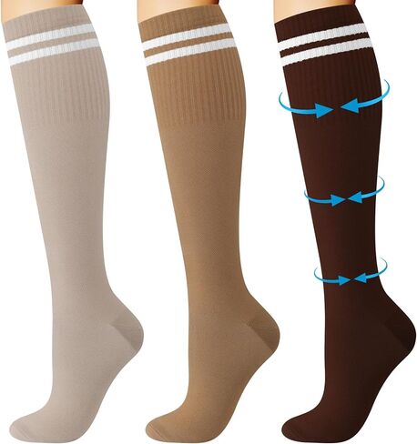 Shihanee 3 Pairs Striped Compression Socks for Women Men 15-25mmHg Circulation Knee High Athletic Socks for Support in Saudi Arabia
