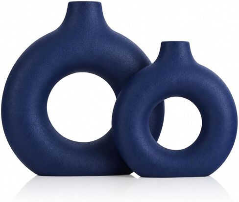 Blue Ceramics Vase for Home Decor -Blue Vase Set of 2 Circular Flowers Vase Modern Navy Blue Decor - Home Decoration for Kitchen Table, Living Room Side Table, Fire Place or Flower Shop in Saudi Arabia