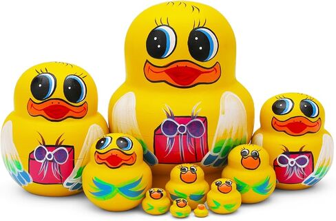 Big-Belly Yellow Duck Nesting Dolls, Handmade 10pcs Animal Duck Pattern Wooden Nesting Toys Russian Nesting Dolls, Matryoshka Stacking Dolls for Kids Christmas Birthday Gift Home Decoration in Kuwait